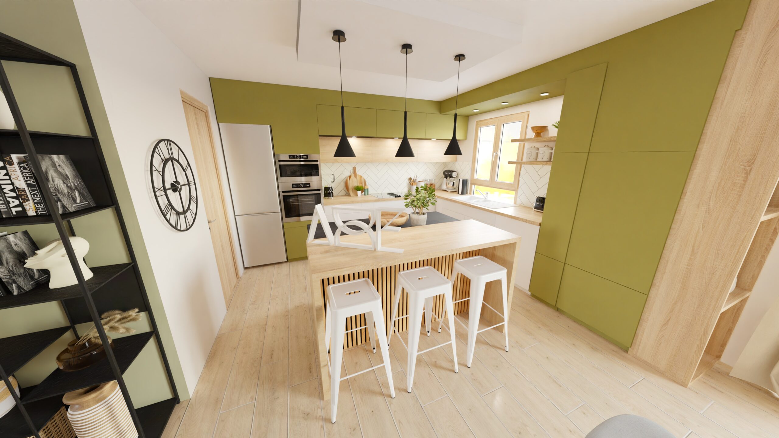 Cuisine lumineuse avec des accents verts, des suspensions noires et un plan de travail en bois.