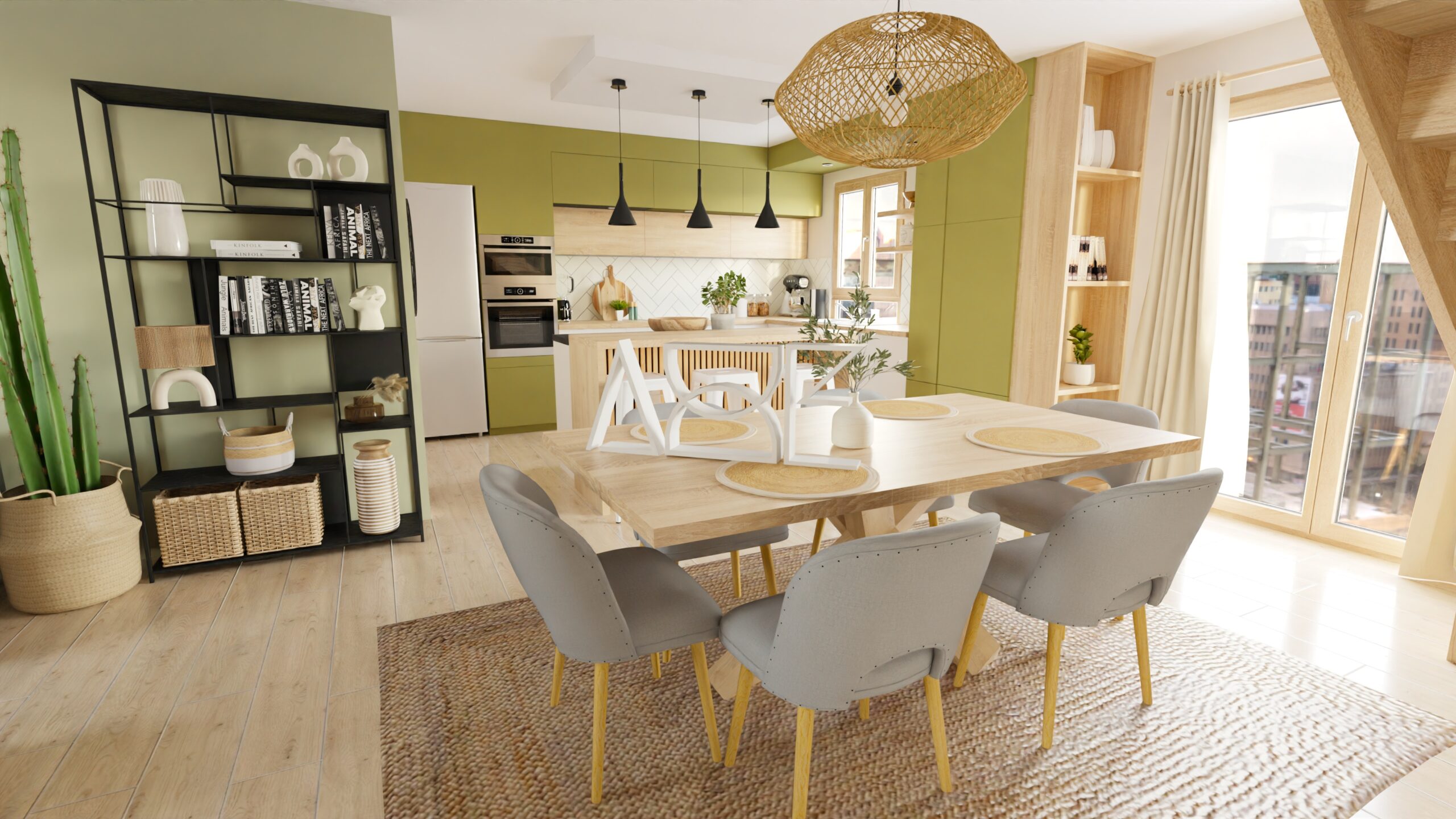 Cuisine spacieuse avec îlot central, chaises modernes et éclairage naturel.