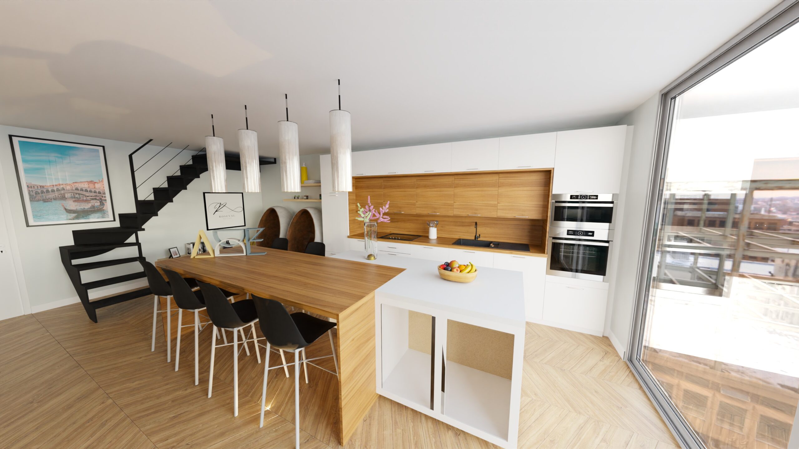 Cuisine moderne avec vue panoramique, combinant bois naturel et design contemporain.