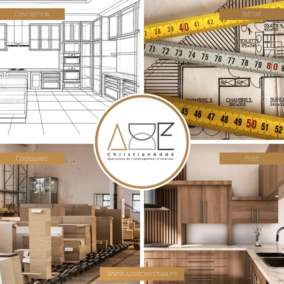 Montage de quatre images montrant le processus de design d'intérieur de Christian Addé, avec des croquis de conception, des mesures de plan, la fabrication des commandes et la pose finale d'un aménagement de cuisine moderne