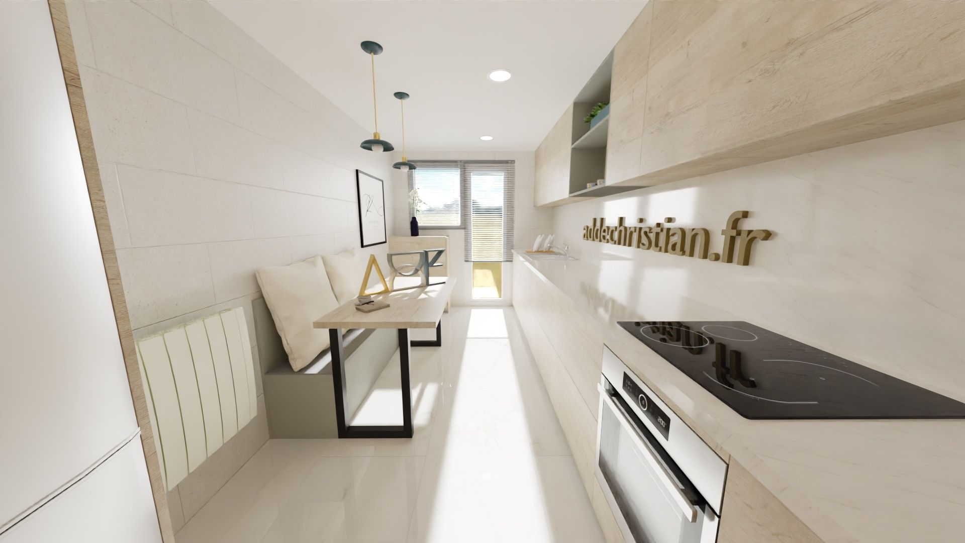 Intérieur de cuisine éclairé avec un petit coin repas, doté d'une table en bois, d'une banquette blanche et d'un mur décoré d'une inscription métallique dorée.